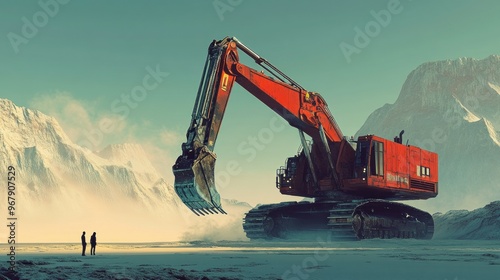 Excavator in a Snowy Mountain Landscape