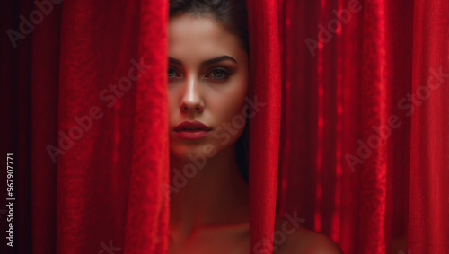 Beautiful female model peeking behind red transparent curtain