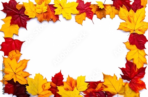 Autumn leaves. Yellow, red and orange leaves on a natural background. A frame with colorful leaves frames the image. 