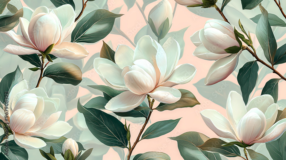 Beautiful Magnolias and Lush Green Leaves Seamless Pattern for Serene Decorative Designs Beautiful Magnolias and Lush Green Leaves Seamless Pattern for Serene Decorative Designs