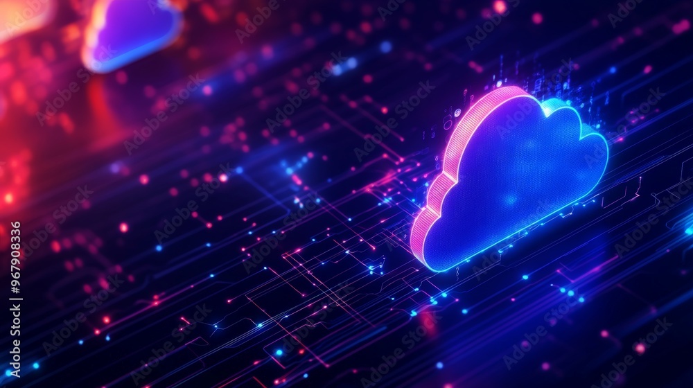 Futuristic digital cloud technology concept with glowing neon colors and data flow on a dark circuit board background. Futuristic digital cloud technology concept with glowing neon colors and data flow on a dark circuit board background.