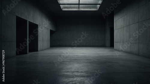 Minimal dark concrete room with textured walls and floor.