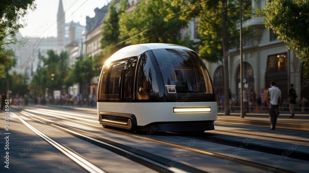 Obraz premium Futuristic White Tram Traveling on City Street Tracks