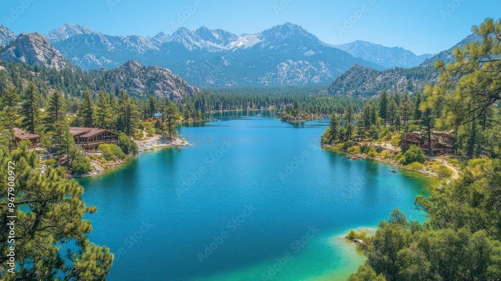 Scenic view of a tranquil lake surrounded by mountains and trees. Scenic view of a tranquil lake surrounded by mountains and trees.
