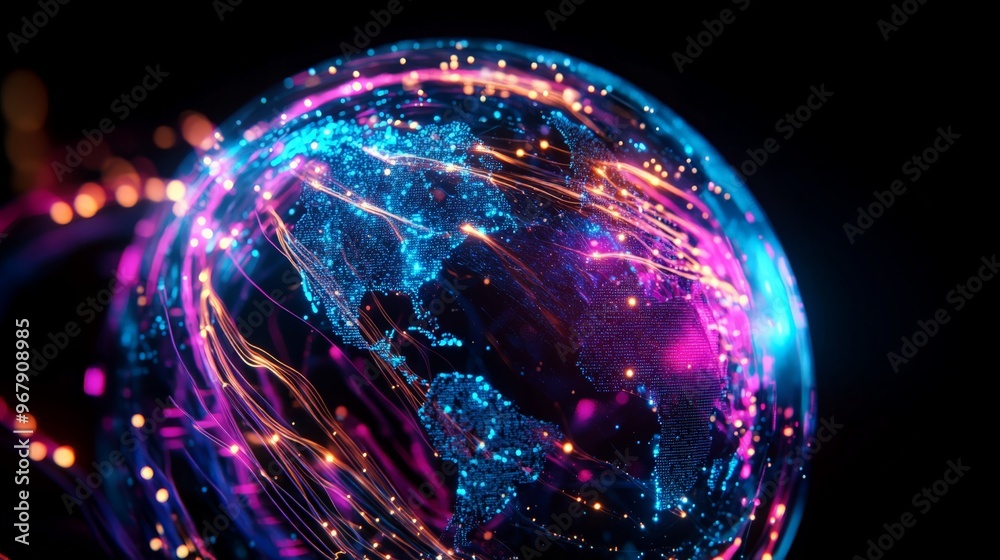 Obraz premium Futuristic digital globe with bright neon lights and glowing lines representing global communication and connectivity.