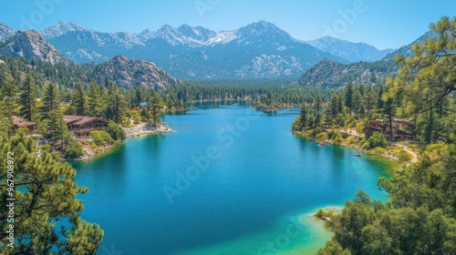 Scenic view of a tranquil lake surrounded by mountains and trees.