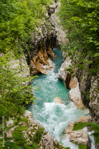 Emerald green clean water of Soca river in Slovenia