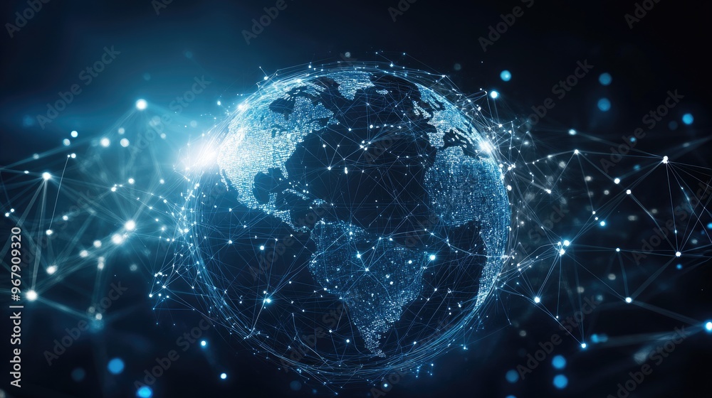 A digital innovation concept with a glowing, transparent globe surrounded by interconnected lines and data points, representing global connectivity and the internet of things (IoT). A digital innovation concept with a glowing, transparent globe surrounded by interconnected lines and data points, representing global connectivity and the internet of things (IoT).