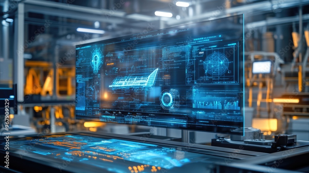 A digital twin concept showing a virtual replica of a physical asset on a digital screen, representing innovation in real-time monitoring and predictive maintenance. A digital twin concept showing a virtual replica of a physical asset on a digital screen, representing innovation in real-time monitoring and predictive maintenance.