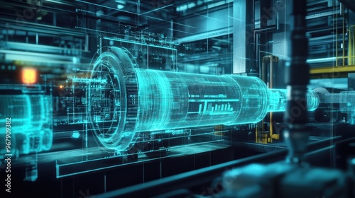 A digital twin concept showing a virtual replica of a physical asset on a digital screen, representing innovation in real-time monitoring and predictive maintenance.