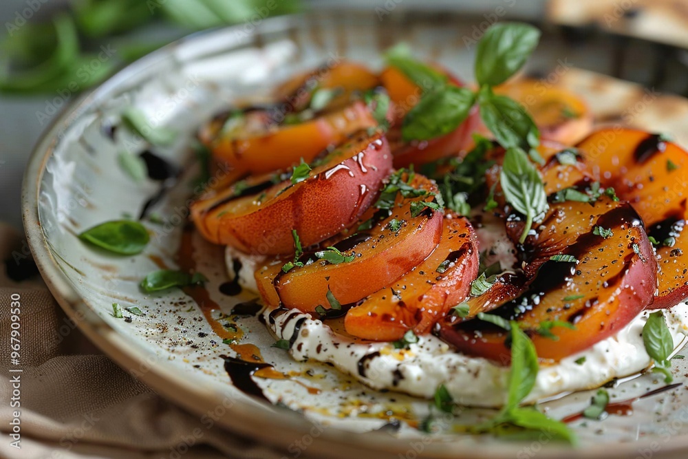 An inviting plate featuring fluffy whipped ricotta, topped with succulent roasted peaches and served with crunchy pita slices. Artistically drizzled with balsamic reduction and garnished with vibrant An inviting plate featuring fluffy whipped ricotta, topped with succulent roasted peaches and served with crunchy pita slices. Artistically drizzled with balsamic reduction and garnished with vibrant