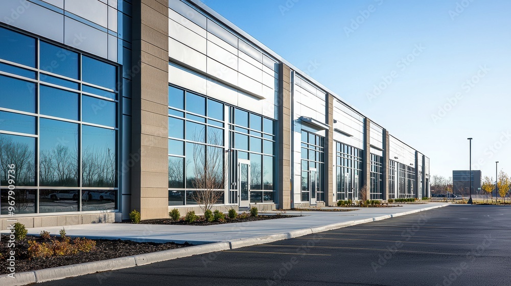 Expansive Modern Commercial Building with Sleek Glass Facade in Urban Setting Expansive Modern Commercial Building with Sleek Glass Facade in Urban Setting