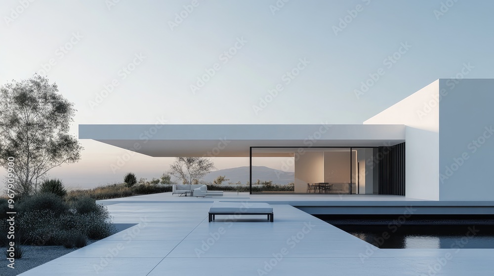 A minimalist white house with a flat roof, geometric shapes, and an open patio, surrounded by minimalist landscaping, representing elegance in simplicity. Plenty of space for copy A minimalist white house with a flat roof, geometric shapes, and an open patio, surrounded by minimalist landscaping, representing elegance in simplicity. Plenty of space for copy