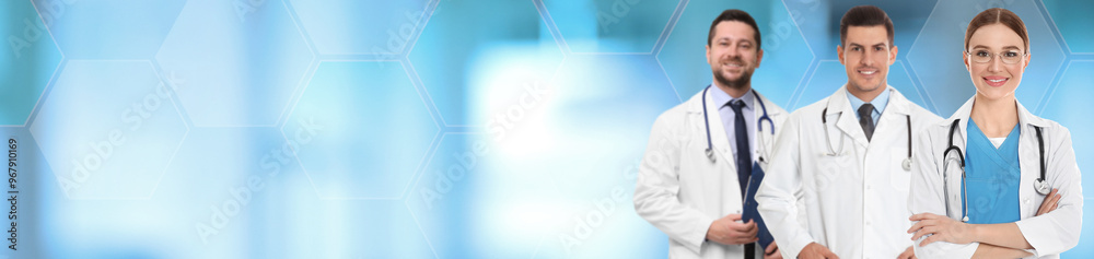 Doctors on blurred background. Banner design with space for text Doctors on blurred background. Banner design with space for text