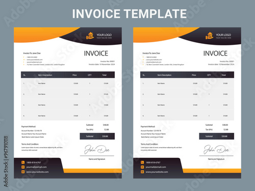 Invoice minimal design for corporate business. Clean invoice template. Print-ready business price invoices and payment agreement vector bill stationery design templates