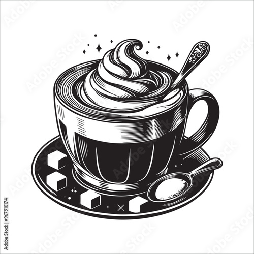 Side view latte coffee with sugar vector illustration silhouette