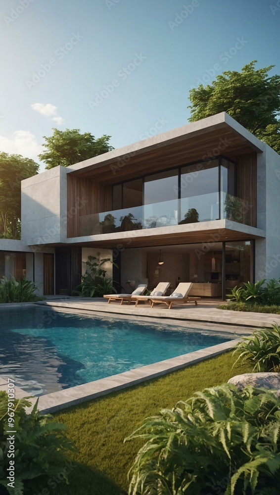 Modern house design with a pool and vibrant greenery, presented in a D illustration. Modern house design with a pool and vibrant greenery, presented in a D illustration.