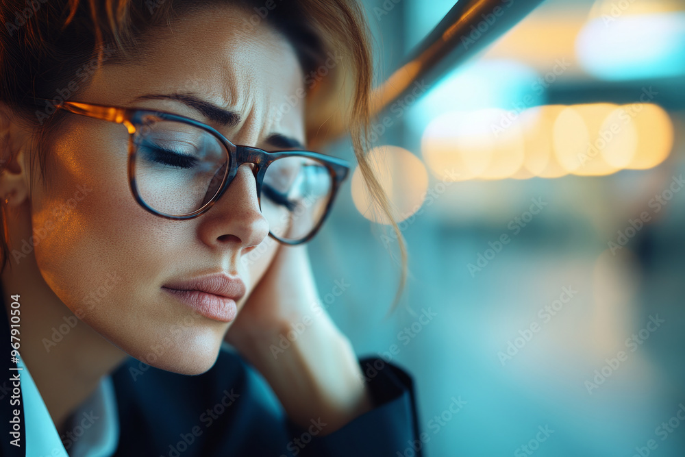 A tired woman wearing glasses rests with her eyes closed in a lit indoor setting
