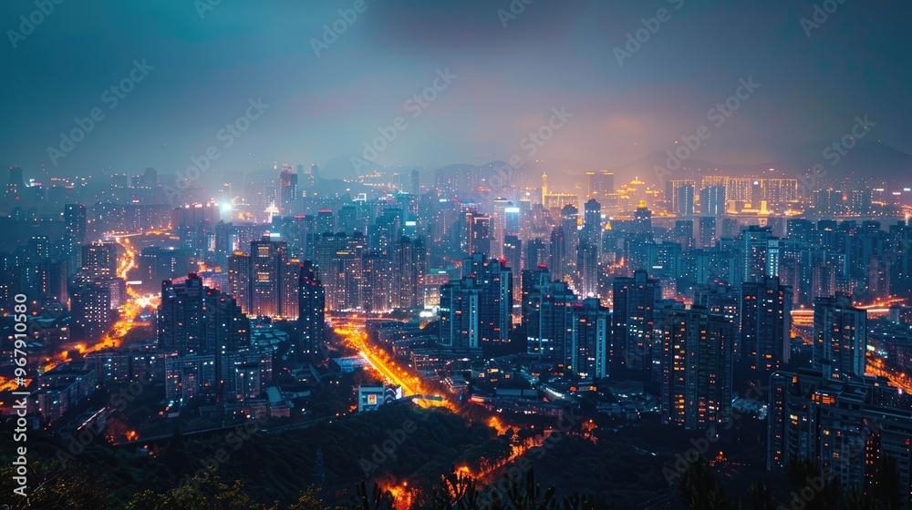 Aerial view of a cityscape at night, illuminated with vibrant lights and shrouded in a dramatic foggy atmosphere. Aerial view of a cityscape at night, illuminated with vibrant lights and shrouded in a dramatic foggy atmosphere.