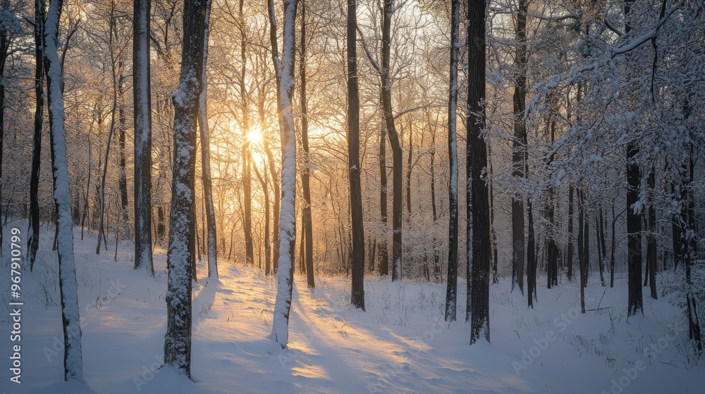 A serene winter forest at sunset, with snow-covered trees and gentle light filtering through. A serene winter forest at sunset, with snow-covered trees and gentle light filtering through.