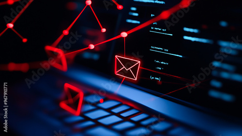 e-mail in social network, scammers on the net, red letters e-mail