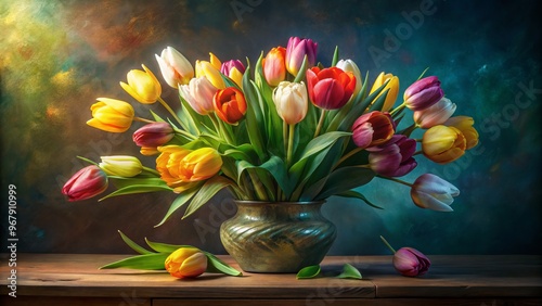 Softly lit Dutch masters painting vibrant tulip bouquet with delicate brushstrokes and subtle texture photo