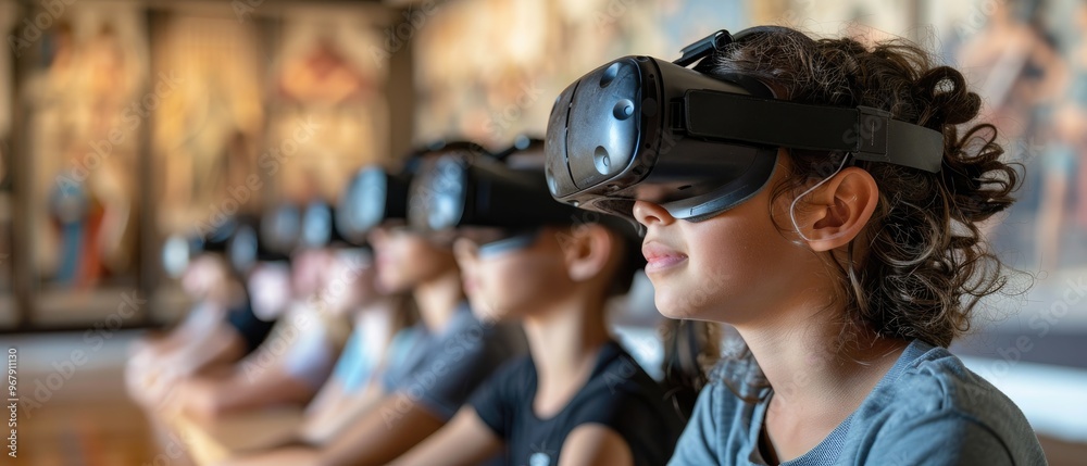 Children experiencing virtual reality in a museum, exploring exhibits through VR headsets, combining technology with education and entertainment. Children experiencing virtual reality in a museum, exploring exhibits through VR headsets, combining technology with education and entertainment.