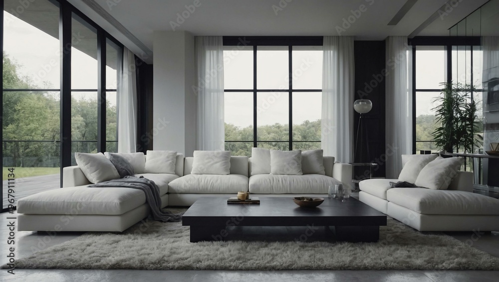 Modern white living room with a large window and white sofa. Modern white living room with a large window and white sofa.