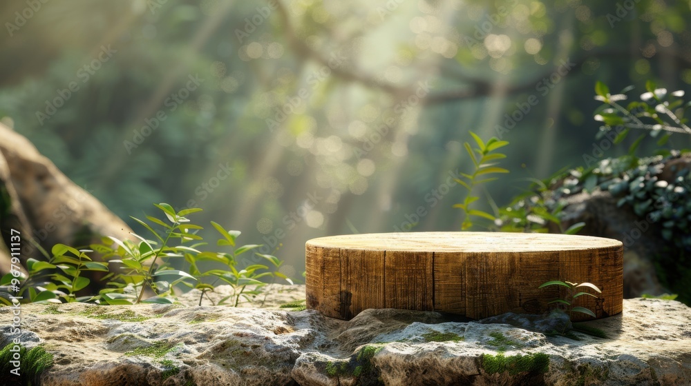 Fototapeta premium A large log sits on a rocky surface in a forest