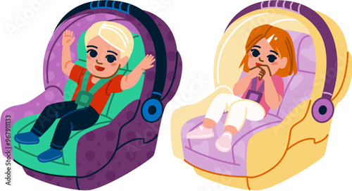 rear baby car seat vector. facing facing, installation harness, booster travel rear baby car seat character. people flat cartoon illustration