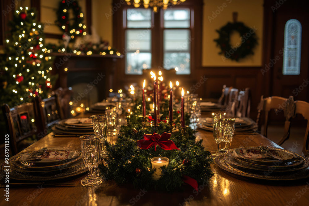 Decorated dining room for Christmas with a festive candlelit table, wreaths and glowing lights Decorated dining room for Christmas with a festive candlelit table, wreaths and glowing lights