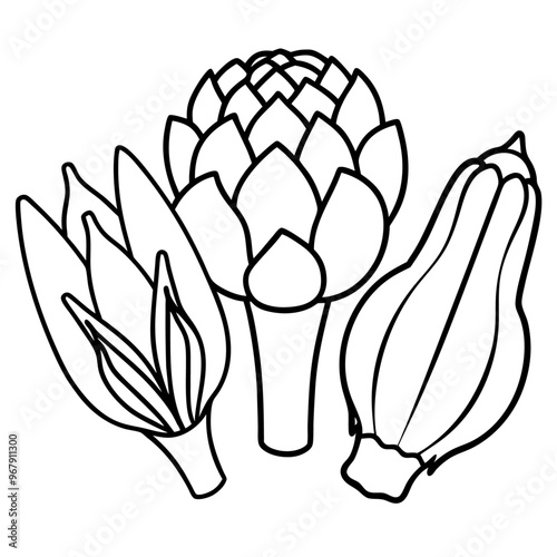 bok choy artichokes okra vegetables outline coloring book page line art illustration digital drawing