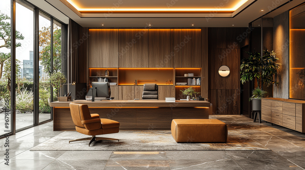 Modern office interior with wooden accents and a view of a garden. Modern office interior with wooden accents and a view of a garden.