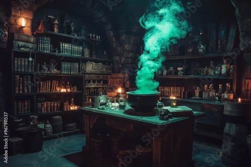 Dark witchs room with books and potion bottles. Bubbling cauldron emitting green smoke