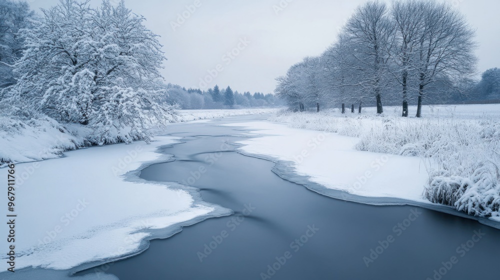 Obraz premium A serene winter landscape with a snow-covered river and frosted trees.