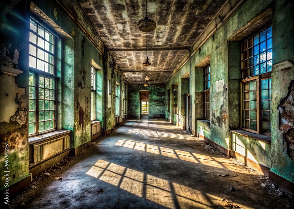 Spooky abandoned asylum interior with eerie shadows Spooky abandoned asylum interior with eerie shadows