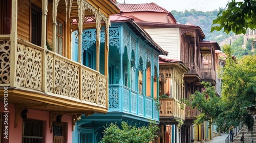 The Old Town of Tbilisi, Georgia, features bright wooden buildings with traditional carved balconies. Sololaki 