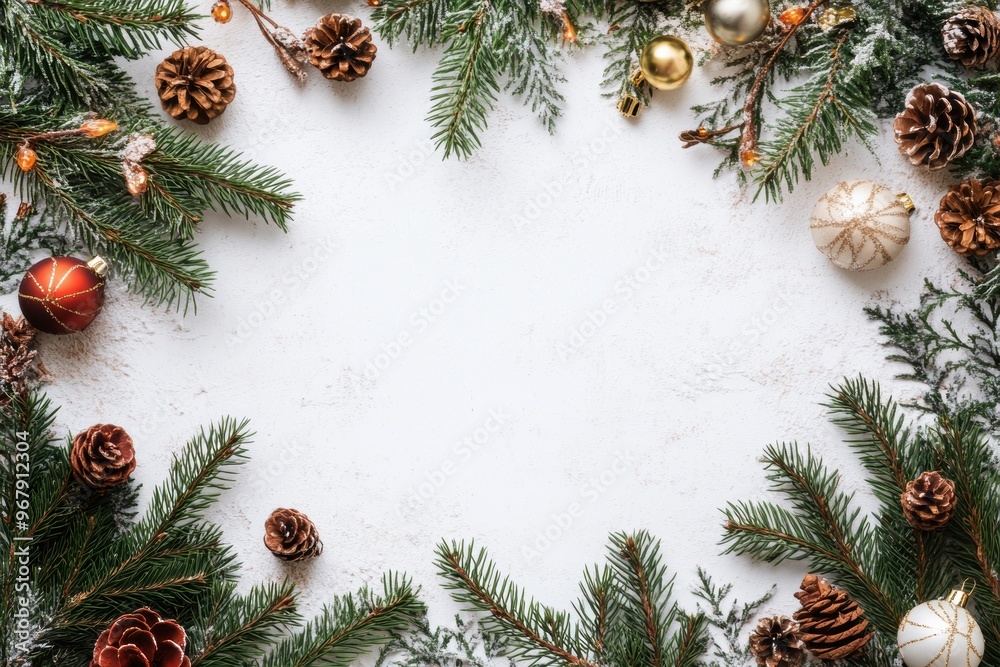Christmas themed border featuring fir branches, pinecones, and ornaments on a light background. Perfect for holiday invitations or decorations. Generated AI Christmas themed border featuring fir branches, pinecones, and ornaments on a light background. Perfect for holiday invitations or decorations. Generated AI