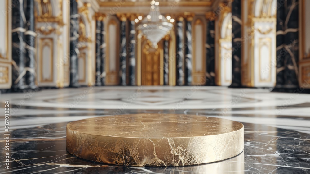 A gold pedestal sits in the middle of a marble floor in a large, ornate room A gold pedestal sits in the middle of a marble floor in a large, ornate room