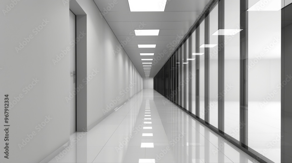 Fototapeta premium Modern Office Corridor at Night with Reflective Floors