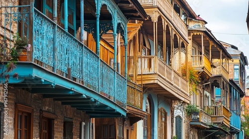 The Old Town of Tbilisi, Georgia, features bright wooden buildings with traditional carved balconies. Sololaki 