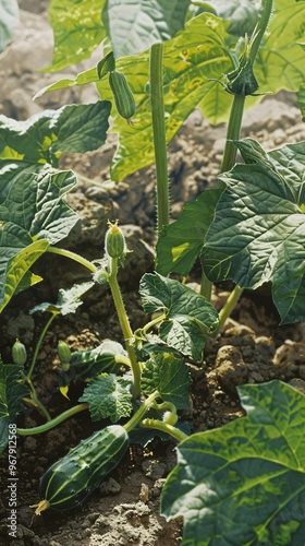 Close up of a Flourishing Cucumber Plant in a Lush Garden photo
