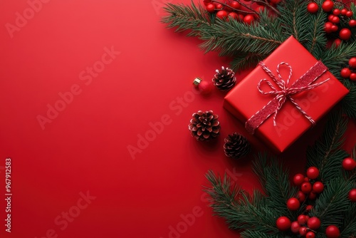 Festive red Christmas gift box with ribbon surrounded by pine branches, cones, and ornaments on a red background. Perfect for holiday themes. Generated AI