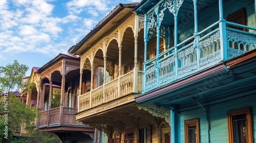 The Old Town of Tbilisi, Georgia, features bright wooden buildings with traditional carved balconies. Sololaki 