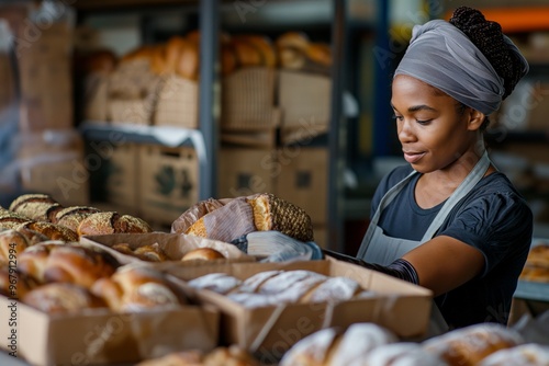 Bakery startup small business delivery. One African American female cook is packing handmade and fresh-baked bread and pastries in boxes and sending for online customer purchases in culinary kitchen.