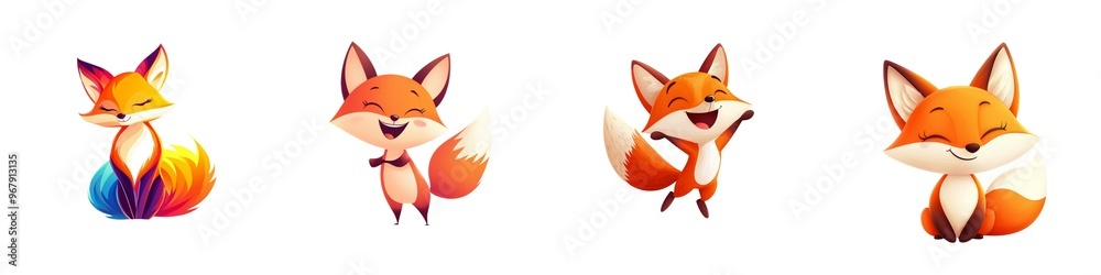 Obraz premium Colorful and cheerful cartoon foxes in various playful poses, perfect for children's media, illustrations, and designs. On white background.