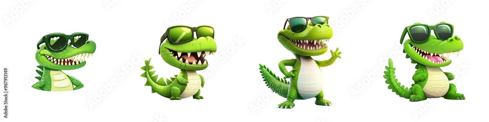 Obraz premium Colorful cartoon alligator characters wearing sunglasses, displaying various fun poses, perfect for children's themes and designs. On white background.