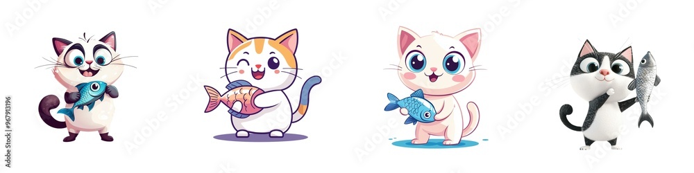 Cute cartoon cats holding fish, perfect for children's illustrations and pet-themed designs. On white background. Cute cartoon cats holding fish, perfect for children's illustrations and pet-themed designs. On white background.