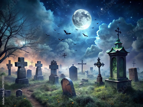 spooky graveyard tombstones gravestones cross creepy creepy crawlies midnight sky photo