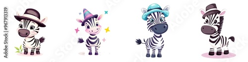 Cute cartoon zebras wearing hats in various styles, perfect for children's illustrations or playful designs. On white background. photo